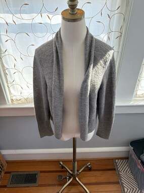 Eileen Fisher 100% Alpaca Grey Open Front Shawl Collar Cardigan Sweater Size L